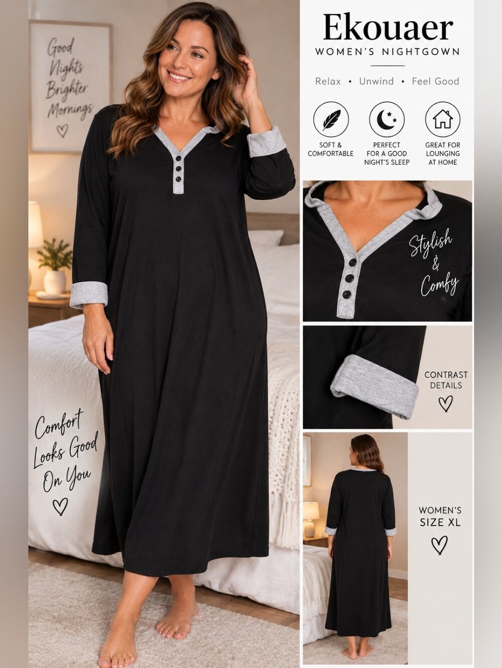 Ekouaer Women's XL black nightgown #30